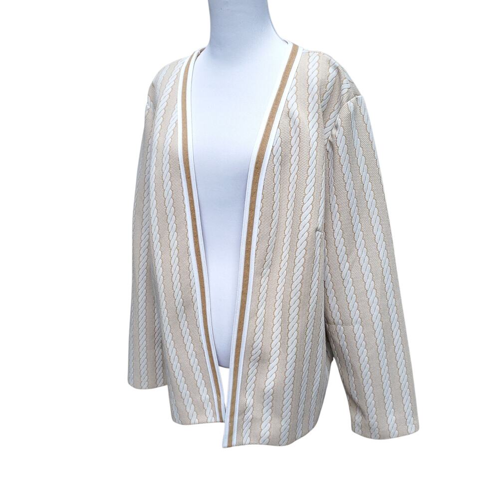 Vintage 1970s Lane Bryant White Tan Poly Stripe Open Front Jacket Fits 1X 2X - Picture 7 of 10